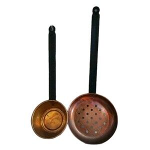 Vintage Copper Skimmer & Ladle Set W/Black Handles Rustic Primitive Kitchenware